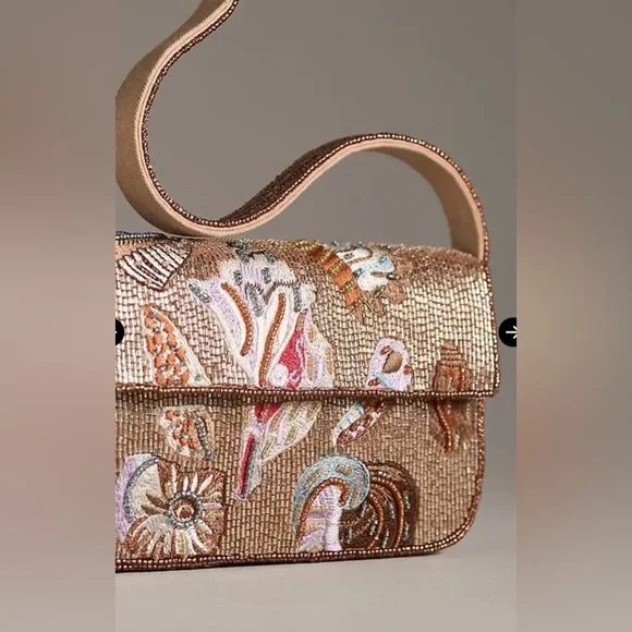NWT new Anthropologie Fiona beaded sea shell seashell Tan Shoulder Bag purse - Picture 10 of 17
